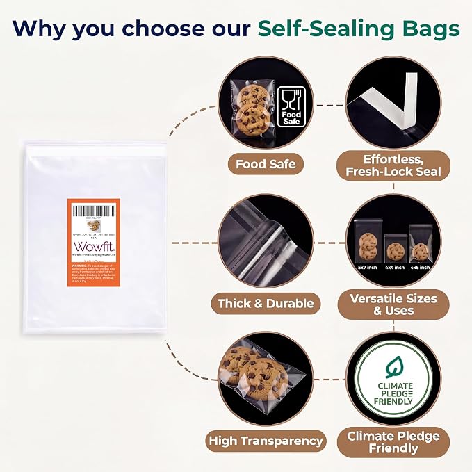 Wowfit 200 Count 5x7 Inch Clear Cellophane Plastic Bags, Resealable Self-Sealing Cello Bags Good for Cookies, Decorative Wrappers, Party Favors, Candy and More