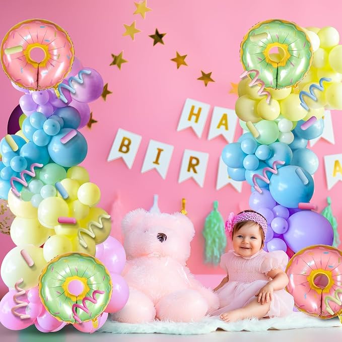 2 Sets Christmas Candy Doughnut Balloon Column Stand Kits Adjustable Macaron Colour Rainbow Balloons Ice Cream Balloon Column Kit Candy Sprinkle Doughnut Themed Tower Stand Kit for Birthday Kids Party