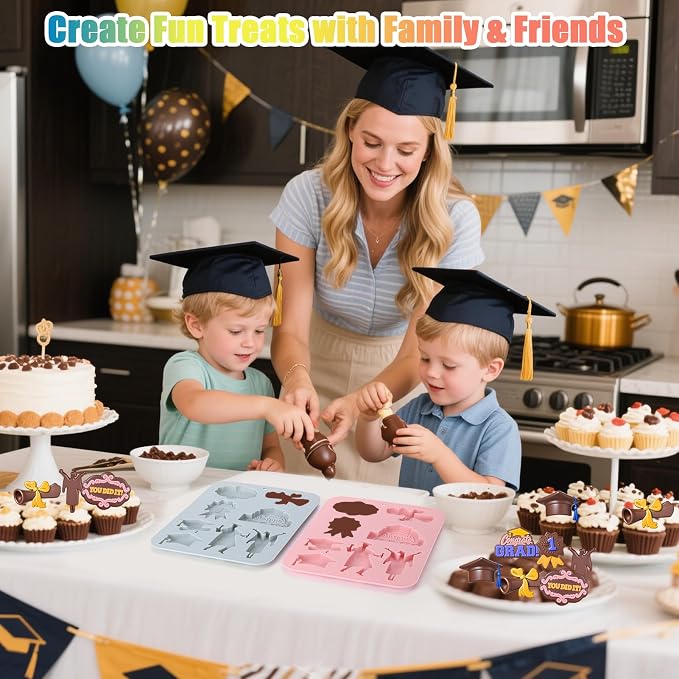 Palksky Graduation Silicone Molds, Grad Chocolate Candy Mold with Cap Diploma Congrats Scroll 3D Shape for Baking Chocolate Gummy Cookies Fondant Cupcake Cake Decor, Graduation Party Decoration