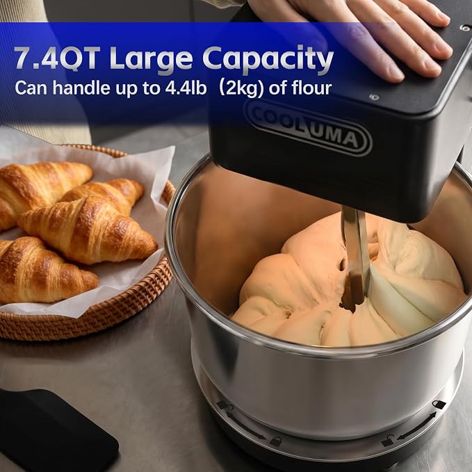 7.4QT Commercial Dough Mixer, Spiral Dough Mixer,1000w Heavy-Duty Stand Dough Mixer With Stepless Speed Control, Tilt-able Design,Perfect For Home Kitchens, Bakeries, Restaurants, Pizzerias