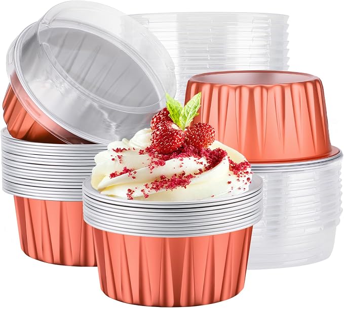 EUSOAR Disposable Ramekins, 25pcs 5oz 125ml Muffin Cupcake Liners with Lids, Reusable Foil Baking Cups Containers Mini Pie Creme Brulee Pans Oven Safe for Wedding Birthday Parties Celebrations
