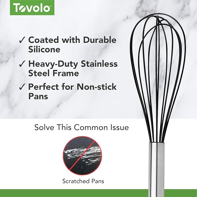Tovolo Whisk 9 Inch Heavy Duty Silicone Wire Stainless Steel Whisker for Cooking Baking Blending Mixing Stirring Whipping Whisking, Dishwasher Safe Multi Function Classic French Wire Whisk, Black