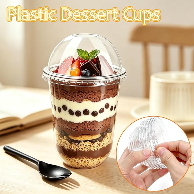 Jnnzzggu 100 Pack 16 oz Plastic Dessert Cups with Dome Lids (No Hole),Clear Disposable Ice Cream Cups with Sporks,Parfait Cups for Yogurt,Fruit,Pudding,Cakes,Dessert