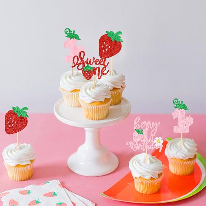 24Pack Red Strawberry Cupcake Toppers Pink Berry 1st Birthday Cupcake Picks for Strawberry Baby Shower Kids First Birthday Cake Decors Sweet One Cupcake Decoration Supplies
