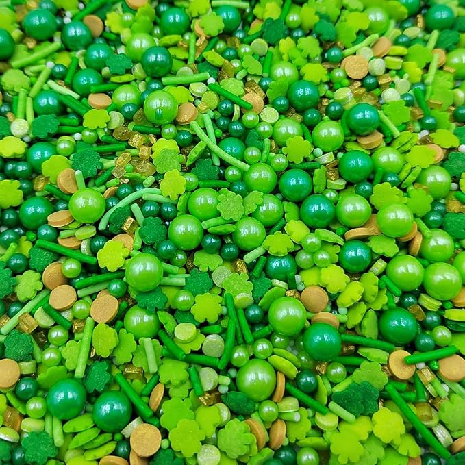 St. Patrick's Day Sprinkles for Cake Decorating, Edible Green Shamrock Sprinkles with Pearls Jimmies Nonpareils for Baking Cupcake Toppers Cookie Decorating Ice Cream Topping