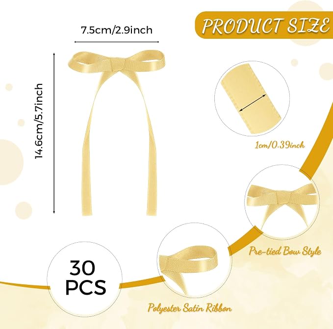 30 Pack Bow Cake Toppers Champagne Gold Ribbon Bows for Cake Bow Cupcake Toppers Back to School Decorations Bow Birthday Decorations for Baby Shower, Wedding, Engagement, Bachelorette Party
