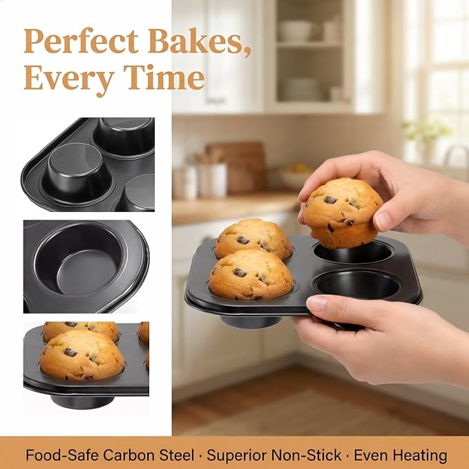 6 Pack Air Fryer Muffin Pan, 4 Cup Non-Stick Small Oven Cupcake Baking Pan, Carbon Steel Round Muffin Tin Bakeware Cake Mould for Egg Muffin, Quiches, Frittatas