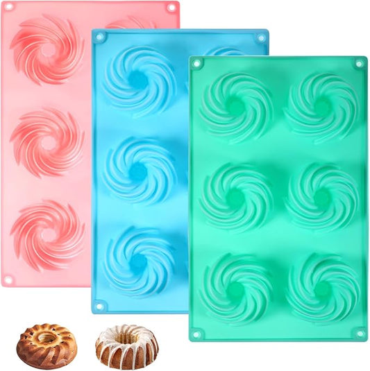 3 PCS Mini Bundt Cake Pans for Baking, 6-Cavity Fluted Tubular Mini Cake Pans, Silicone Molds for Baking, Ideal for Brownies, Cookies, Cupcakes, Jellies, Muffins, Donuts(Spiral Shape)