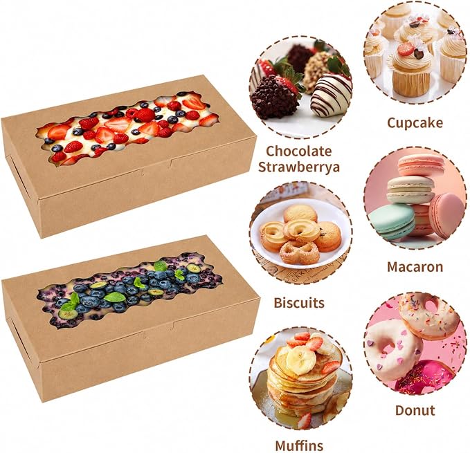 50 pcs Brown Cookie Box,12x5.5x2.5 Inch Bakery Boxes with Window Pies Chocolate Strawberries Muffins Biscuit Pastry Dessert Box For Packaging
