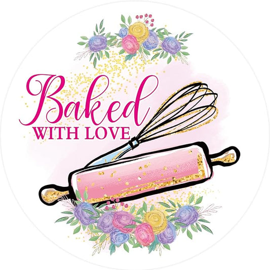 WorldBazaar Baked with Love Stickers 500pcs Floral Homemade with Love Stickers Cookies Packaging Stickers for Bakery Box Birthday Wedding Baby Shower Christmas Small Business Supplies