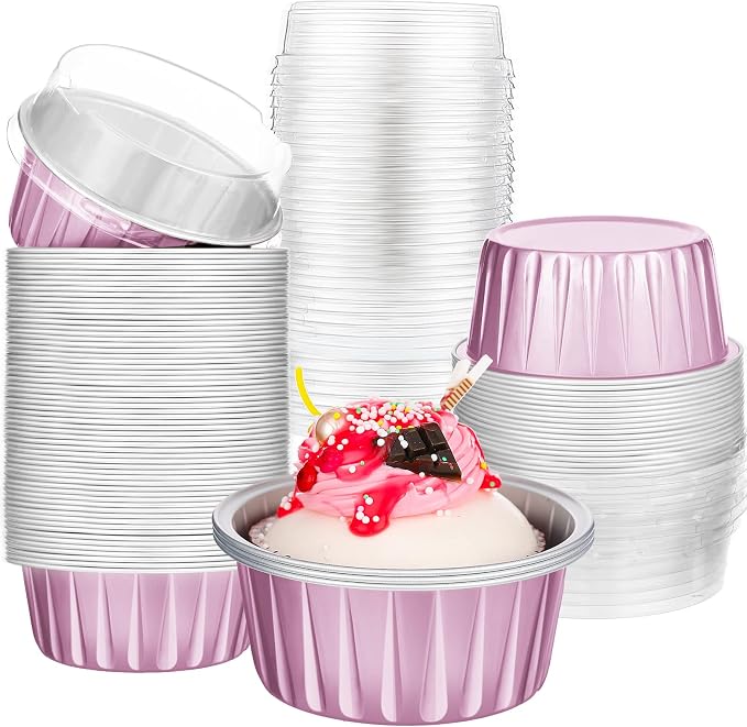 200 Pack Aluminum Foil Cupcake Liners with Lids, 5 oz Round Baking Cup, Disposable Ramekin Container for Graduation Wedding Independence Day Party(Pink,Plain)