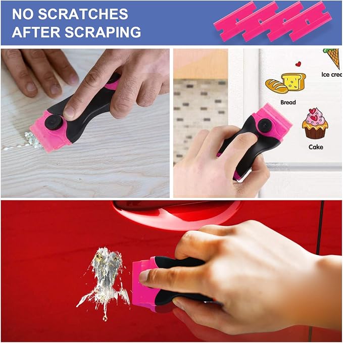 DEKEones Razor Blade Scraper, 2 Pack Double Edged Razor blade Scraper Tool with 30 Pcs Razor Blades, Glass Scraper for Windows, Decals, Tint, Stickers, Labels, Caulk, Adhesive（Pink）