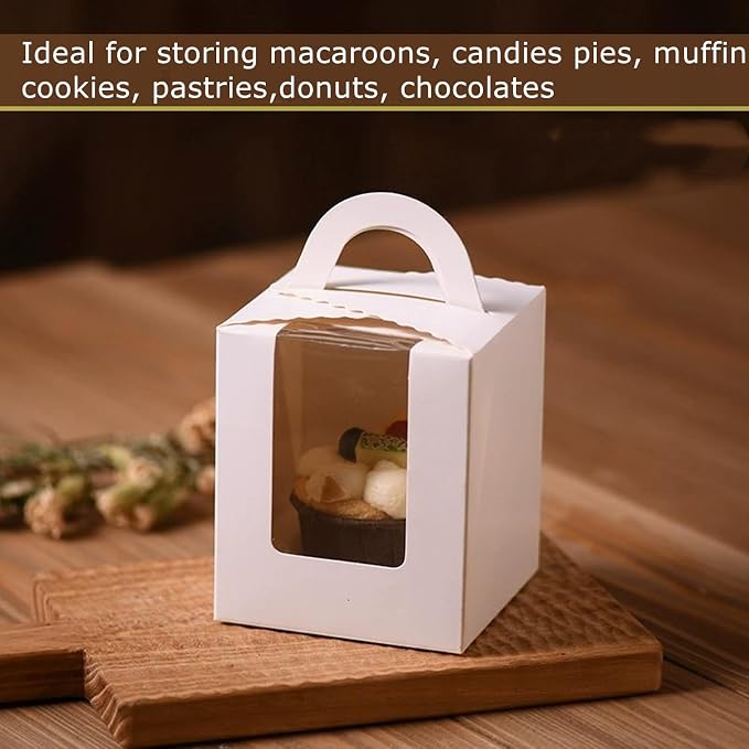 100 Pack Single Cupcake Boxes with Window, White Individual Cupcake Containers with Handle, 3.7x3.7x4.5 Inch Kraft Paper Favor Bakery Container for Small Cake, Muffins, Birthday, Wedding