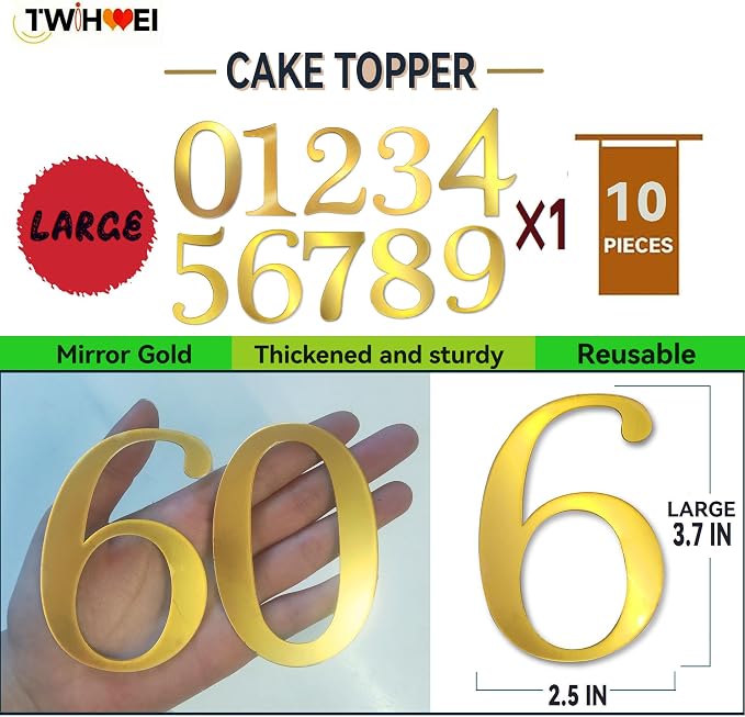 Big 0-9 Gold Birthday Number Cake Toppers 3.7 IN Large Golden Acrylic Happy Anniversary Cake Topper Sticks For Diy Handmade Cake Sign Decorations 10 Pcs Cupcake Topper Party Supplies Set