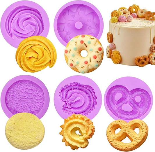 Cookie Chocolate Molds 5 Packs Donut Fondant Molds Waffle Cookie Cream Molds Oreo Baking Molds Silicone for Cake Decoration Cupcake Topper Candy Butter Sugar Craft Jelly Mousse Gum Paste Clay Resin