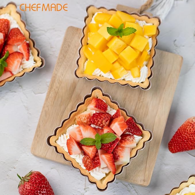 CHEFMADE Mini Square Tart Pan Set, 4-Inch 4Pcs with Removable Loose Bottom Non-Stick Square-shaped Quiche Bakeware for Oven and Instant Pot Baking (Champagne Gold)