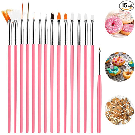 15pcs Cake Painting Brushes, Cake Decorating Brushes Kit Food Safe Paint Brush Tools,Fondant Sugar Cookie Painting Brushes Supplies for Cookie Cake Decoration (Pink)