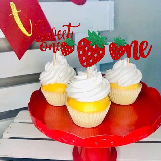 24 PCS Strawberry One Cupcake Toppers Glitter Sweet One First Birthday Strawberry Cupcake Picks for Fruit Theme Baby Shower Kids 1st Birthday Anniversary Party Cake Decorations Supplies Red