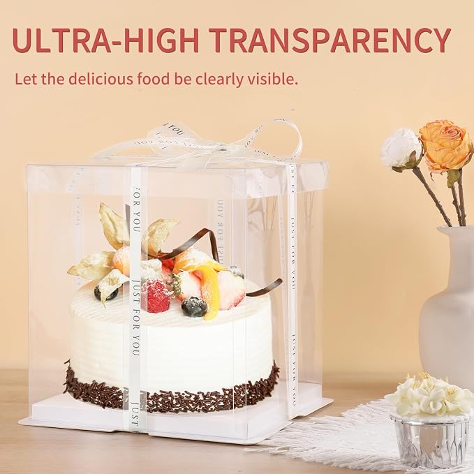 JCD 6Pcs Multi-Layer Tall Cake Boxes Clear Box with Ribbon, 8x8x9 inch,Ideal for 6" Inch Tall Layer Tiered Cakes,Gift Boxes for Wedding Party and Gift Display (Clear Lid, 8 * 8 * 9inch/6Pcs)