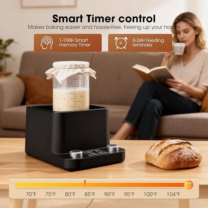 Sourdough Starter Warmer | Water Bath Precise 1°F Thermostat (70-104°F) Sourdough Warmer | For Jars Under 50oz |198-h Memory Timer |360° Uniform Heating |for Bread Baking,Yogurt & Kombucha(Black)