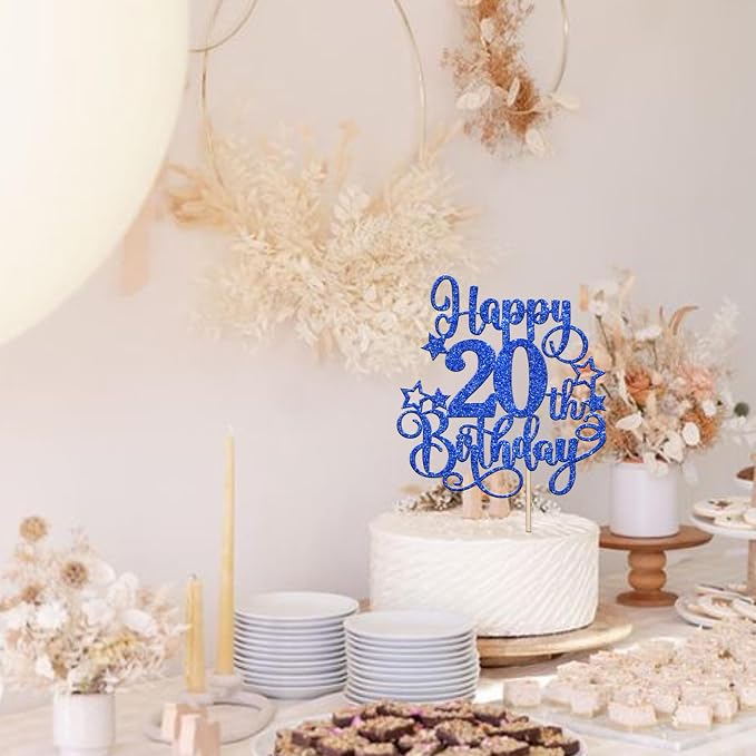 1 PCS Happy 20th Birthday Cake Topper Glitter Cheers to 20 Years Birthday Cake Pick Hello 20 Fabulous Cake Decoration for Happy 20th Birthday Anniversary Party Decorations Supplies Blue