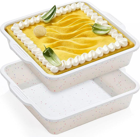 8x8 inch Silicone Square Cake Pan with Metal Reinforced Frame, Nonstick Brownie Pan for Baking, BPA Free Set of 2 (Cream)