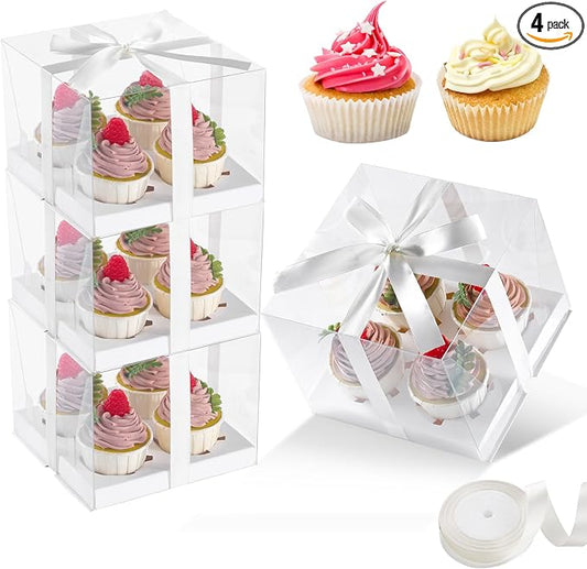 JCD 4Pack Clear Cupcake Boxes, 4 Count Cupcake Containers with Gift Ribbon,5.3inches height Plastic Cupcake Carrier Holder for Treat Dessert Cookies Muffins Pastry Baby Shower Party(4count/4pcs)