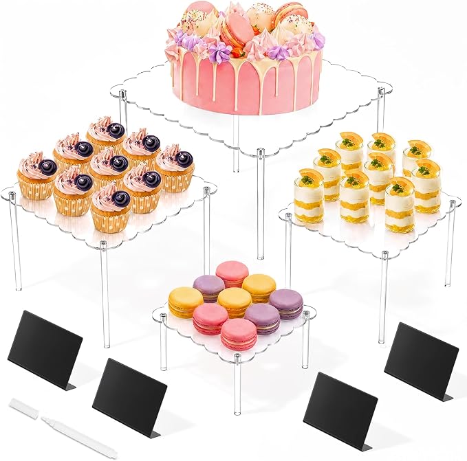 Mifoci 4 Tier Acrylic Cake Display Stand with Scalloped Square Edge 6, 8, 10, 12" Clear Tiered Cupcake Holder Tray with Message Board and Marker for Wedding, Birthday Party, Dessert Table