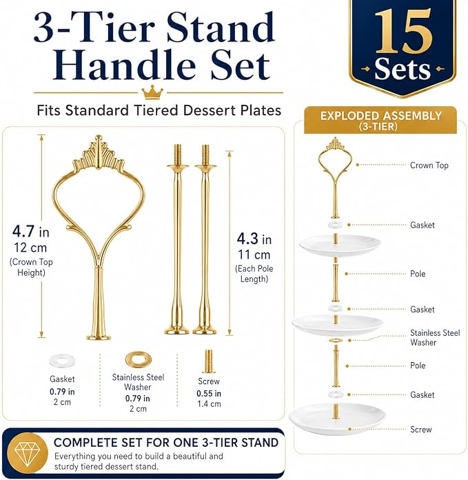 15 Pcs Tiered Tray Hardware Kit Crown Handle Zinc Alloy Gold 3-Tier | Coordinated gold finish for party trays; rods washers and screws support repeat DIY cake stand assembly