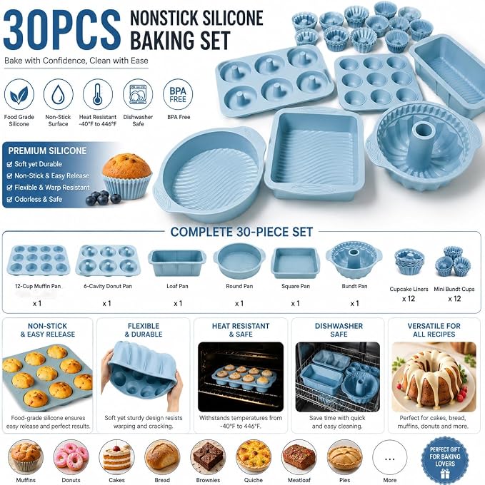 30PCS Nonstick Silicone baking set,Silicone Cake Molds, Baking Sheet, Donut Pan for baking sets with 24 Pack Cupcake Mold Baking Cups