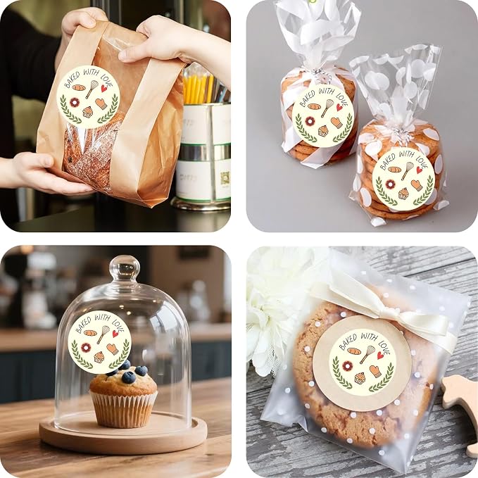160 Pcs Baked with Love Stickers, 1.6 Inch Bakery Packaging Labels for Cottage Bakery, Cookie Bags, Bake Sale, Baking Business Essentials