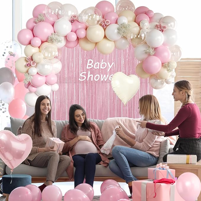 157Pcs Pastel Pink and White Balloons Garland Arch Kit with Fringe Curtain for Woman Girl Princess Birthday Bridal Baby Shower Gender Reveal Engagement Wedding Valentine's Day Party Decorations