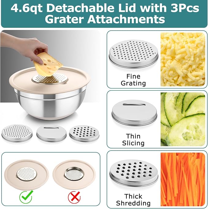 TeamFar Mixing Bowls, 5PCS Stainless Steel Nesting Salad Bowl with Lid & 3 Grater Attachments, for Prepping/Serving/Storing Food, Nontoxic, Airtight Lid & Non-slip Bottom - 4.6/3.5/2.5/1.5/1 QT