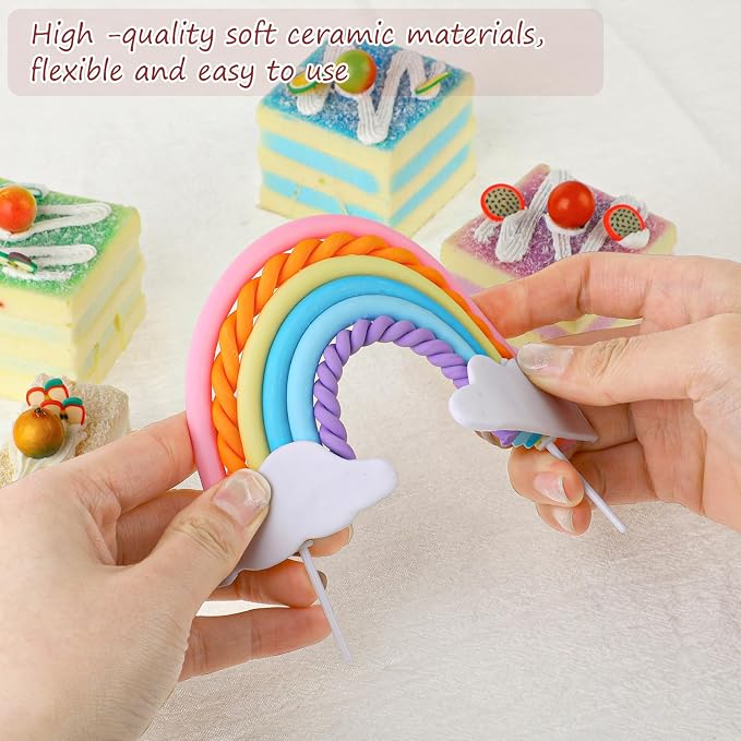 Rainbow Cloud Cake Topper, Soft Pottery Colorful Cupcake Decoration Topper Rainbow Theme Baking Supplies for for Boys Girls Happy Birthday Party Wedding Cake Decorations