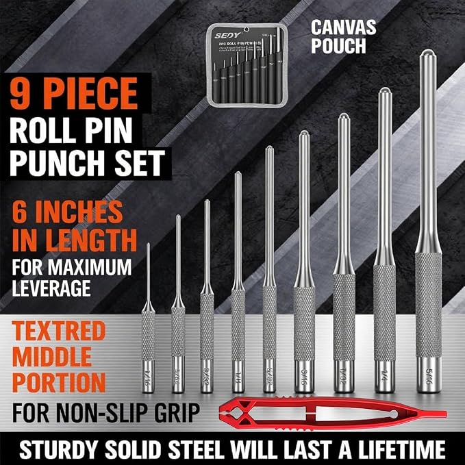 9-Piece Roll Pin Punch Set - Fast Pin Removal - Durable Steel & Construction - For Automotive, Firearm Maintenance, Watch, Jewelry & Craft Repair - Knurled Grip - Versatile Sizes
