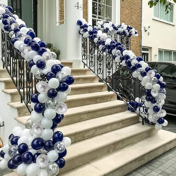 Blue Silver Balloons Garland Kit, 120 pcs Navy Blue and Silver Confetti White Balloons Arch for Graduation, Birthday Party, Wedding DIY Decoration