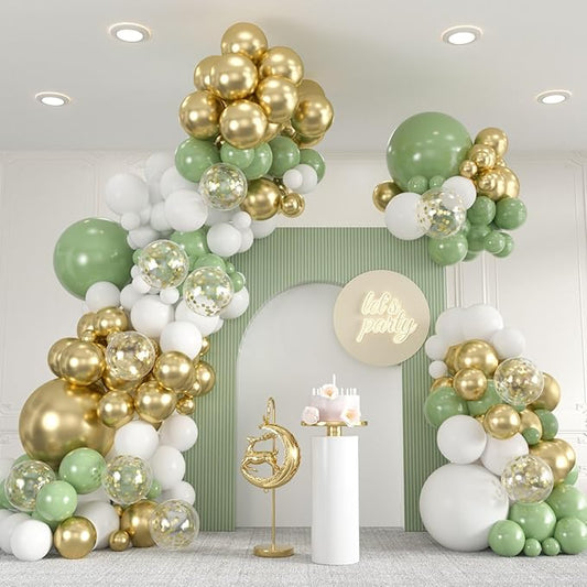 136pcs Sage Green Gold White Balloons Garland Arch kit, 18 12 10 5 Inch Olive Green Gold Confetti Latex Balloons Arch For Birthday, Baby Bridal Shower Engagement Wedding Party Decoration