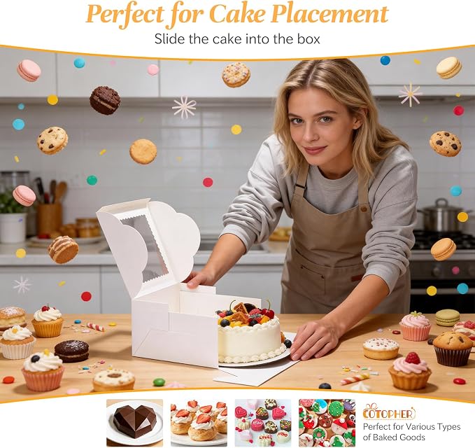 COTOPHER 50 Pcs Cake Boxes 8 Inch, 8x8x5 Inches Cake Containers (25 Boxes & 25 Boards), White Bakery Boxes with Windown for Cookies, Desserts, Cupcake, Pastries, Birthday, Wedding, Mother's Day