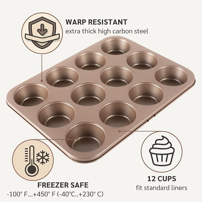 HAPPIELS 12-Cup Muffin Pan Nonstick, PFOA & BPA Free | Nontoxic Cupcake Tin | Best Non Stick Muffin Pans | Muffin tins | Cupcakes Tray | Carbon Steel Bakeware Mold Trays