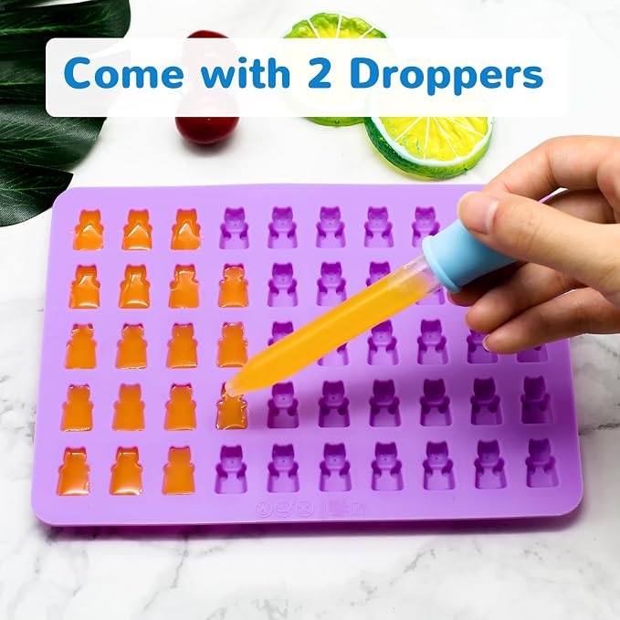 WARM TIME Gummy Bear Candy Molds Silicone, Mini Gummy Molds with 2 Droppers, Food Grade Non-Stick Silicone Molds Including Heart, Dinosaur, Bear, and Donut, Set of 4