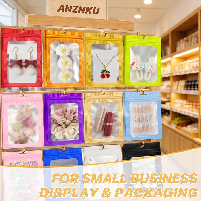 ANZNKU 100 PCS Multicolor Resealable Mylar Bags with Frosted Clear Window, Packaging Bags Foil Pouch Zipper Bag for Candy Food Self Sealing Jewelry Storage Supplies (3.14x5.11)