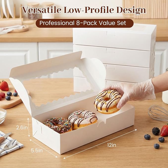 VGOODALL 8PCS Cookie Boxes, 12x5.5x2.6Inches White Bakery Boxes with Window Cupcake Containers for Pastry Candy Cupcake Strawberry, Party Supplies