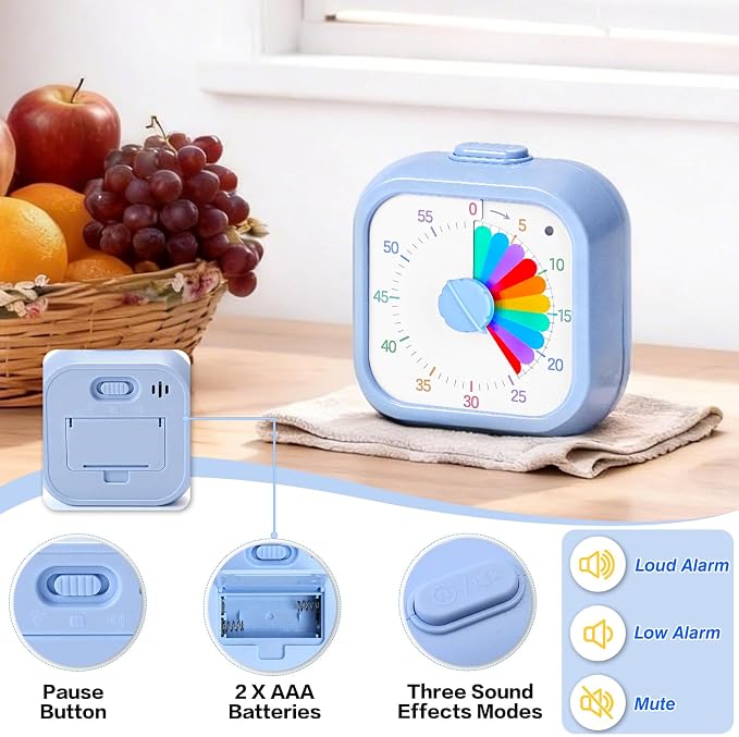 Mwellewm Visual Timer for Kids, 60 Minute Time Digital Pomodoro Timer Countdown with Silent Pause Function for Classroom Kitchen Study Cooking Meetings ADHD Rainbow Pattern(Blue)