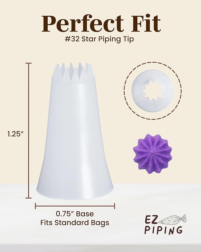 Reusable Plastic Piping Tips Standard Size Star Tip #32 100 Pack with 2 Couplers Icing Nozzles for Cake Decoration Dessert Design Baking Supplies and Piping Bags Base Ø 0.75" Height 1.25"