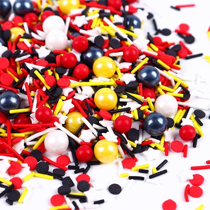 Edible Mouse Sprinkle Mix, 3oz Black Red Yellow White Sprinkles for Baking and Cake Decorating, Mouse Cake Decoration Edible with Birthday Themed, Children's Party Supplies