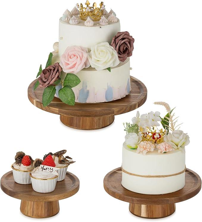 NUPTIO Wood Cake Display Stand Set of 3：4 in 1 Multifunction Cake Plate Serving Bowl Chip & Dip Tray Nut Dish Acacia Wood Cupcake Holder for Wedding Birthday Tea Party Gift for Baking Enthusiasts