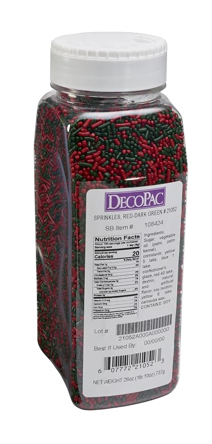 DECOPAC Candy Sprinkles, 26oz, Red & Green Sprinkle Mix, Fancy Sprinkles in Handheld Container, Edible Sprinkles For Holiday Celebration Cakes, Cupcakes, Cookies - Red & Green