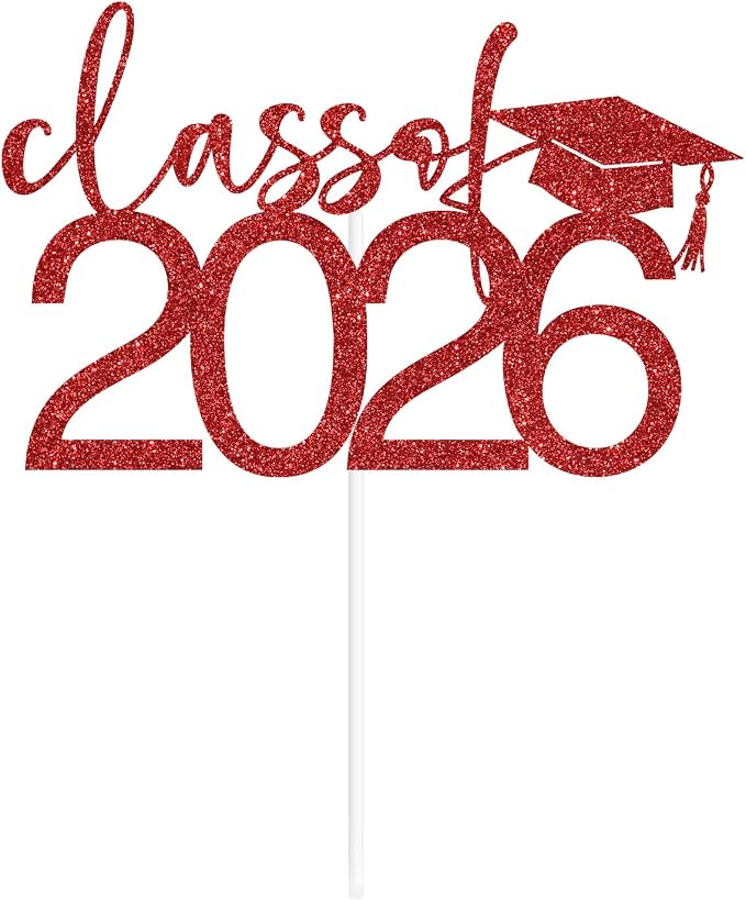 Class of 2026 Cake Topper, Congrats 2026 Cake Décor, Congrats Grad, Happy Graduation, High School/Senior/University Graduation Party Decorations Red Glitter