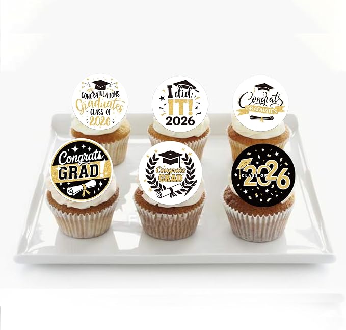 63 PCS Edible 2026 Graduation Theme Cupcake Toppers Diploma Class of 2026 Cake Decorations Edible Congrats 2026 Grad Cap Cupcake Picks for Congratulations 2026 Graduation Theme Party Supplies Gold