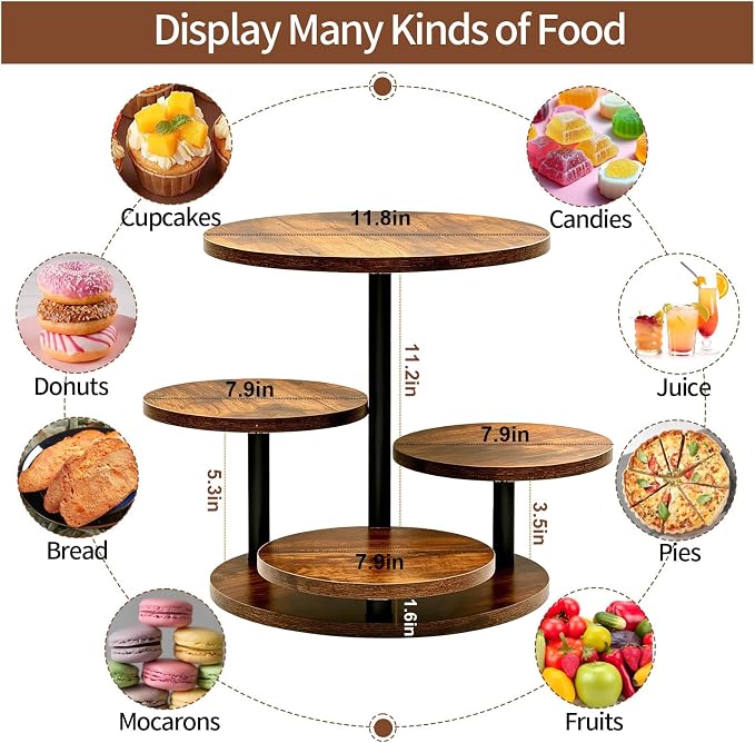 4 Tier Round Cupcake Tower Stand for 50 Cupcakes, 360° Rotating Large Wood Cake Stand with Tiered Trays Dessert Table Display Set Round Cookie Tiered Tray Stand for Wedding Birthday Graduation Party Tea Time
